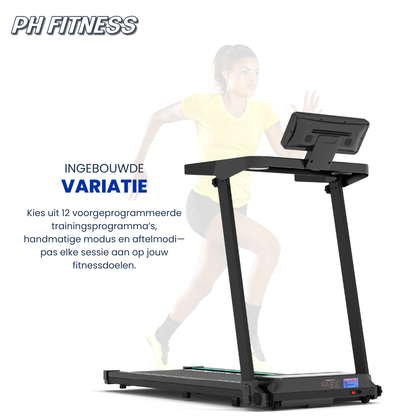 Zwart, vouwbare loopband met digitale display en blauwe accenten, geschikt voor thuisfitness. Toon van opvouwbare ontwerp voor ruimtebesparende oefening.