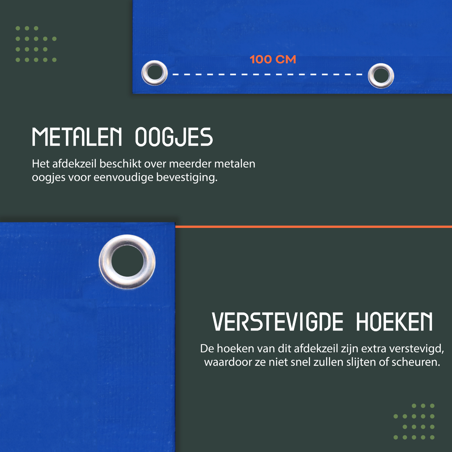 Blauw tarpaulin dekzeil van Perfect Cover, waterdicht en UV-bestendig, met zichtbare metalen oogjes en productlabel. Geschikt voor tuin- en bouwprojecten, ook als bescherming tegen regen en zon.