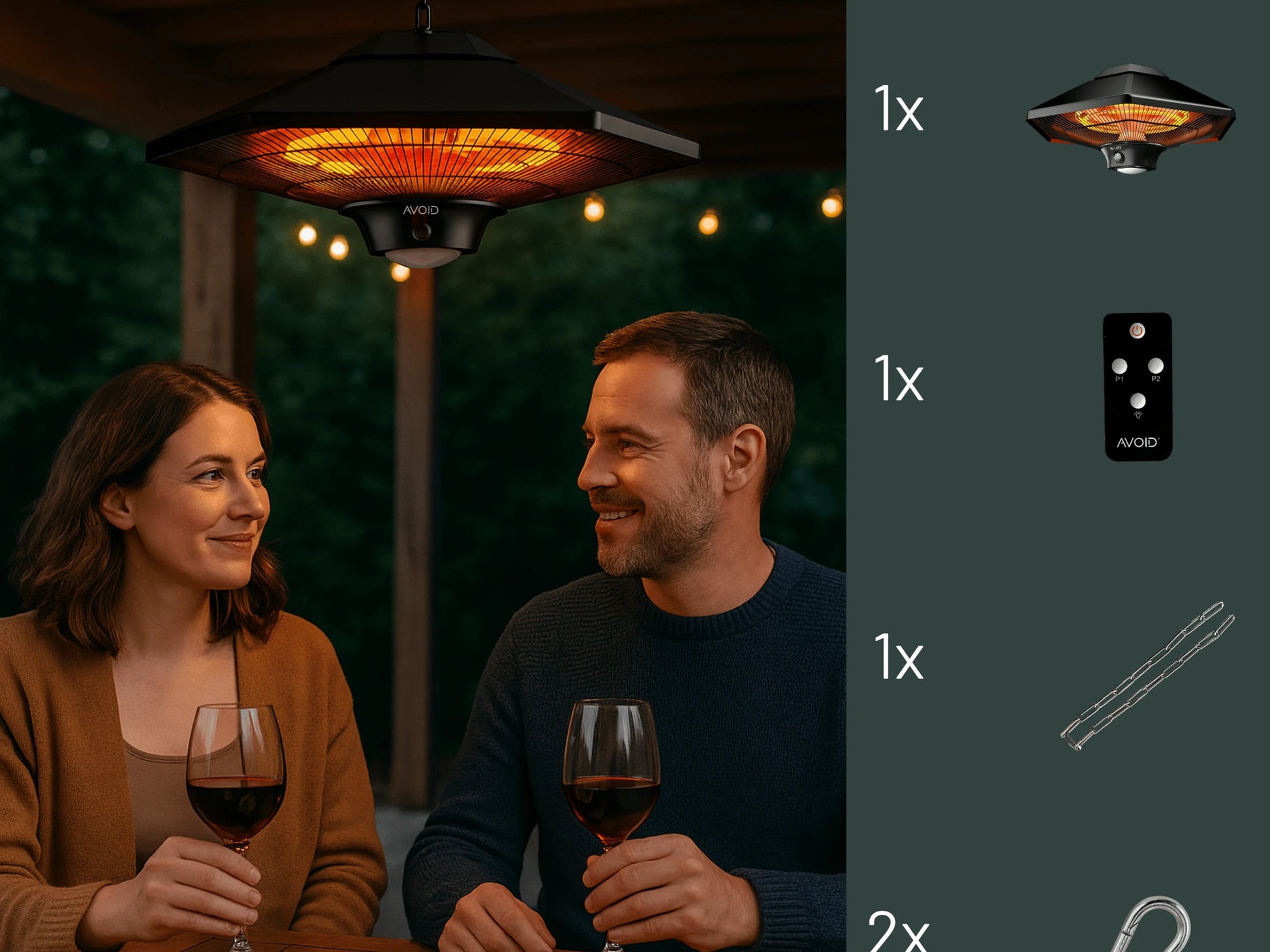 Zwarte hangende buitenverwarming met gloeiende infrarood-elementen en kettingbevestiging. Ideaal voor warmte in tuinen of terrassen, met zichtbare bedieningsknop en merknaam AVOID.