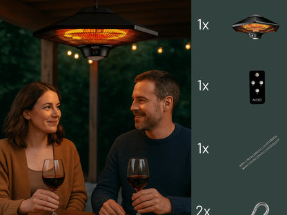 Zwarte hangende buitenverwarming met gloeiende infrarood-elementen en kettingbevestiging. Ideaal voor warmte in tuinen of terrassen, met zichtbare bedieningsknop en merknaam AVOID.