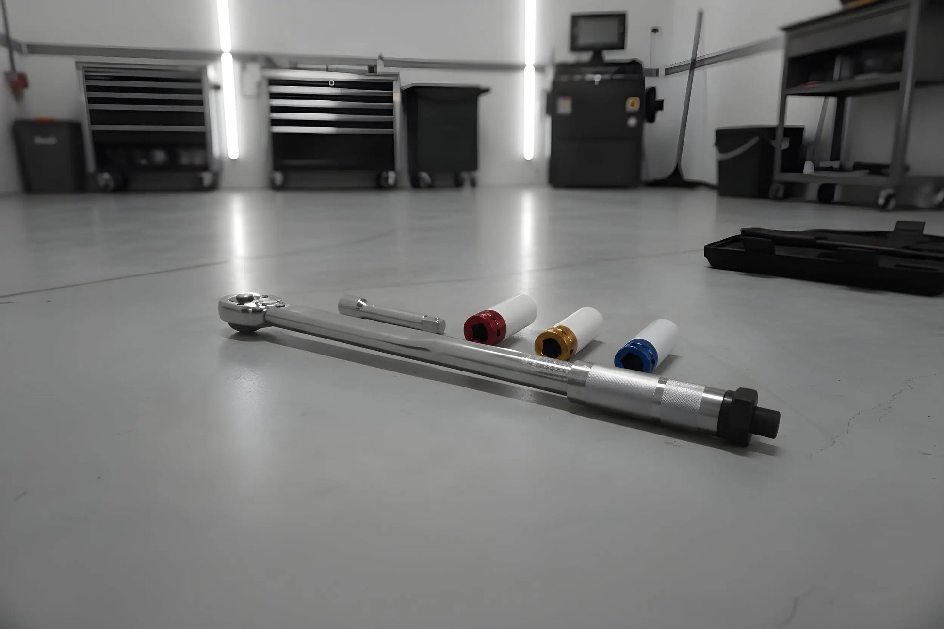 Zilverkleurige schroefspanner in zwarte houder, met kleurrijke (blauw, geel, rood) aanpasbare koppen. Geschikt voor precisiewerkzaamheden in de automotieve en reparatiewereld.