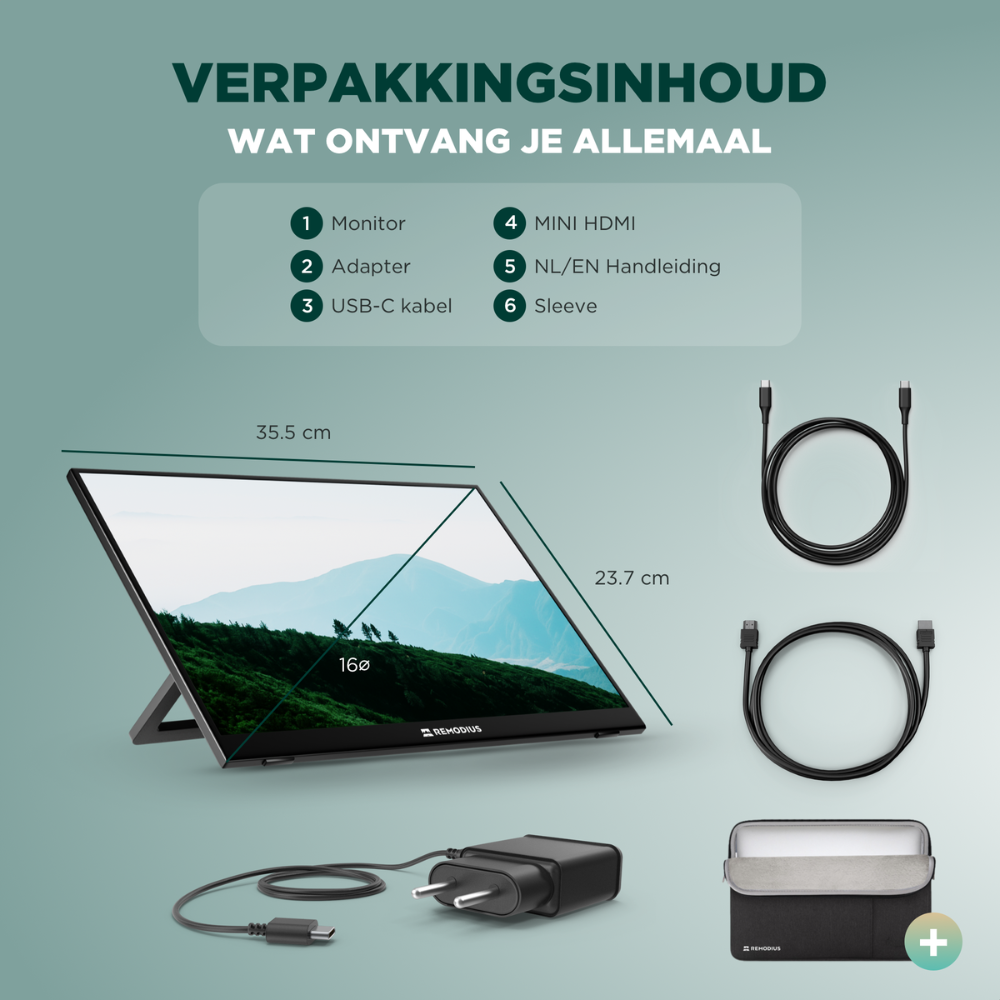 Een 16-inch Remodius 2.5K Quad HD HDR+ portofoon met zwart frame, voorzien van een draagbare beschermhoes. Perfect voor mobiele creatie en professionele beeldschermkwaliteit op de weg.
