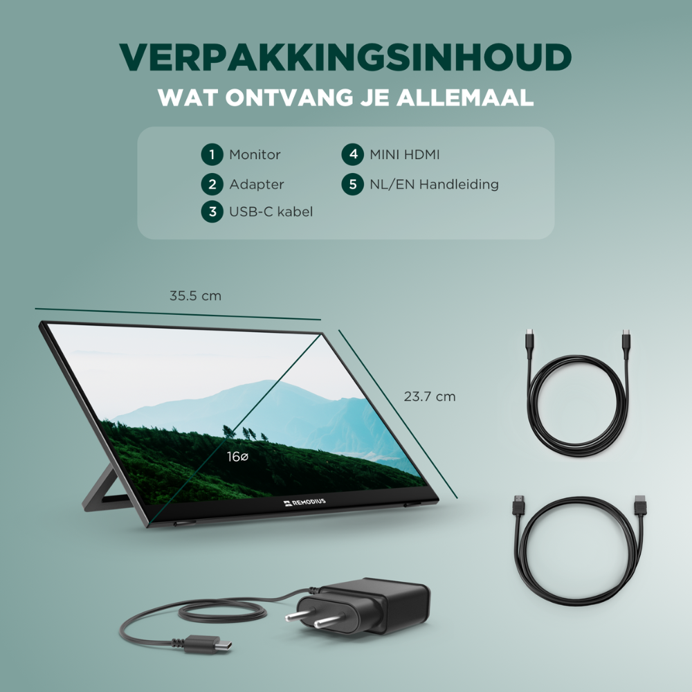 Een 16-inch Remodius 2.5K Quad HD scherm met HDR10+ en een zwart, minimalistisch ontwerp, perfect voor gaming en creatieve werkzaamheden.