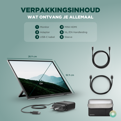 Een 13-inch Remodius 2K Quad HD scherm met HDR10+ display, uitgerust met een zwart standaard en een bijpassende beschermhoes, perfect voor reizen en mobiele productie.