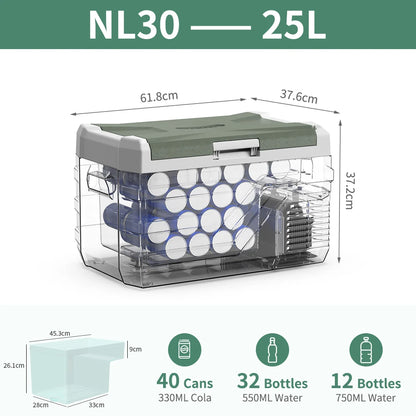 Grijze Alpicool koelbox met 25L capaciteit, gevuld met frisse fruit en Budweiser bierblikjes, ideaal voor barbecue’s en zomervakanties. Robuust ontwer