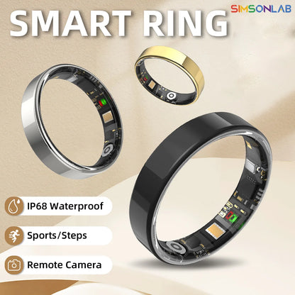 Een slimme ring in zilver, zwart en goud, met zichtbare technische componenten en een IP68 waterdichte constructie, geschikt voor sportieve activiteiten en afstandsbediening van de camera. - Foto 1