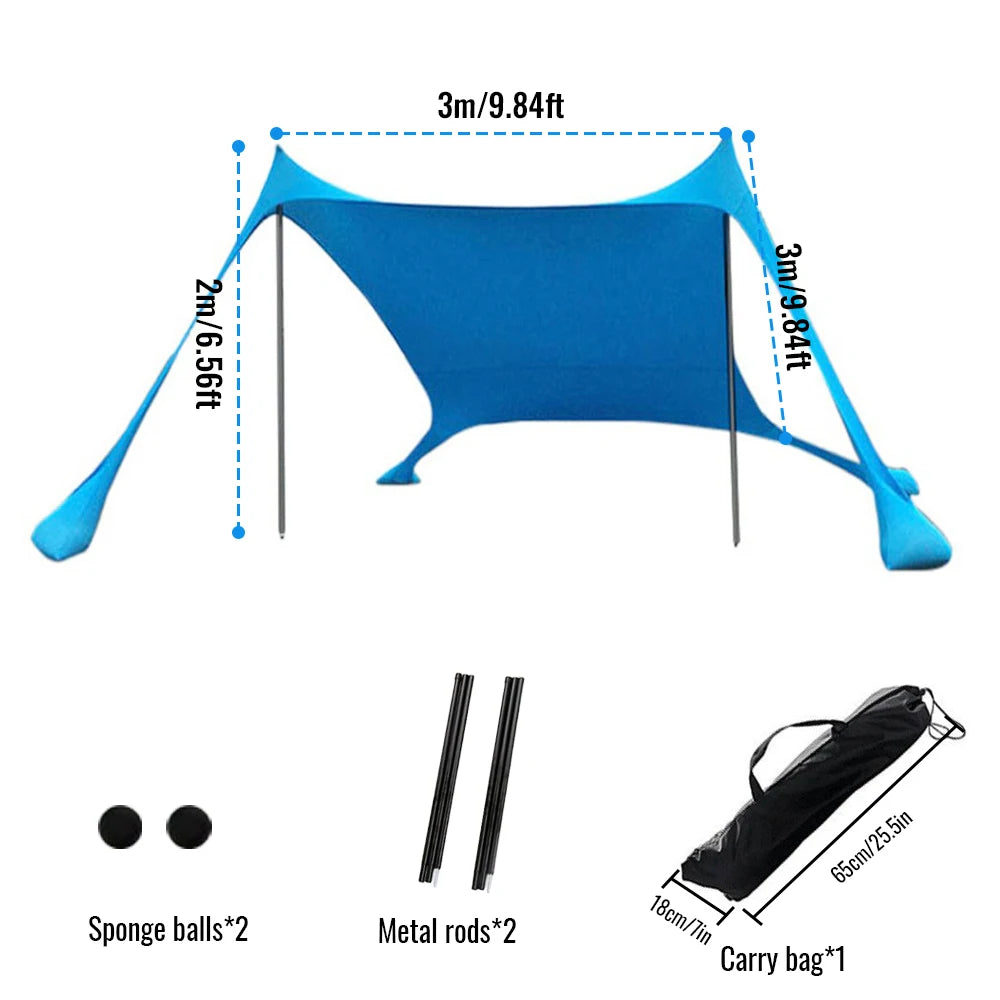 Blauwe zonneschaduw tent op het strand, met vier personen die ontspannen op kleurrijke dekens. Ideaal voor zonbescherming tijdens strand- en picknicka