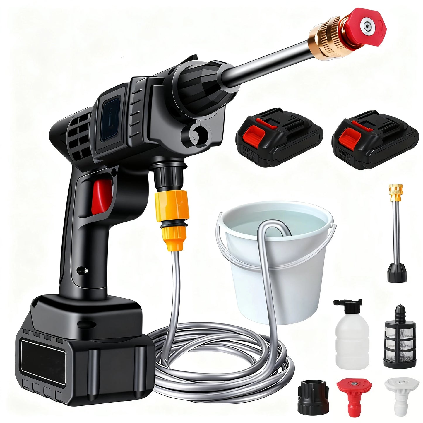 Zwart draadloos waterstraler met 24V lithium accu, inclusief slang, emmer, diverse spuitkoppen en oplader, speciaal ontworpen voor efficiënte car wash