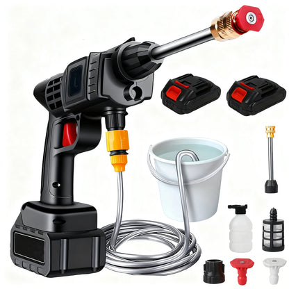 Zwart draadloos waterstraler met 24V lithium accu, inclusief slang, emmer, diverse spuitkoppen en oplader, speciaal ontworpen voor efficiënte car wash