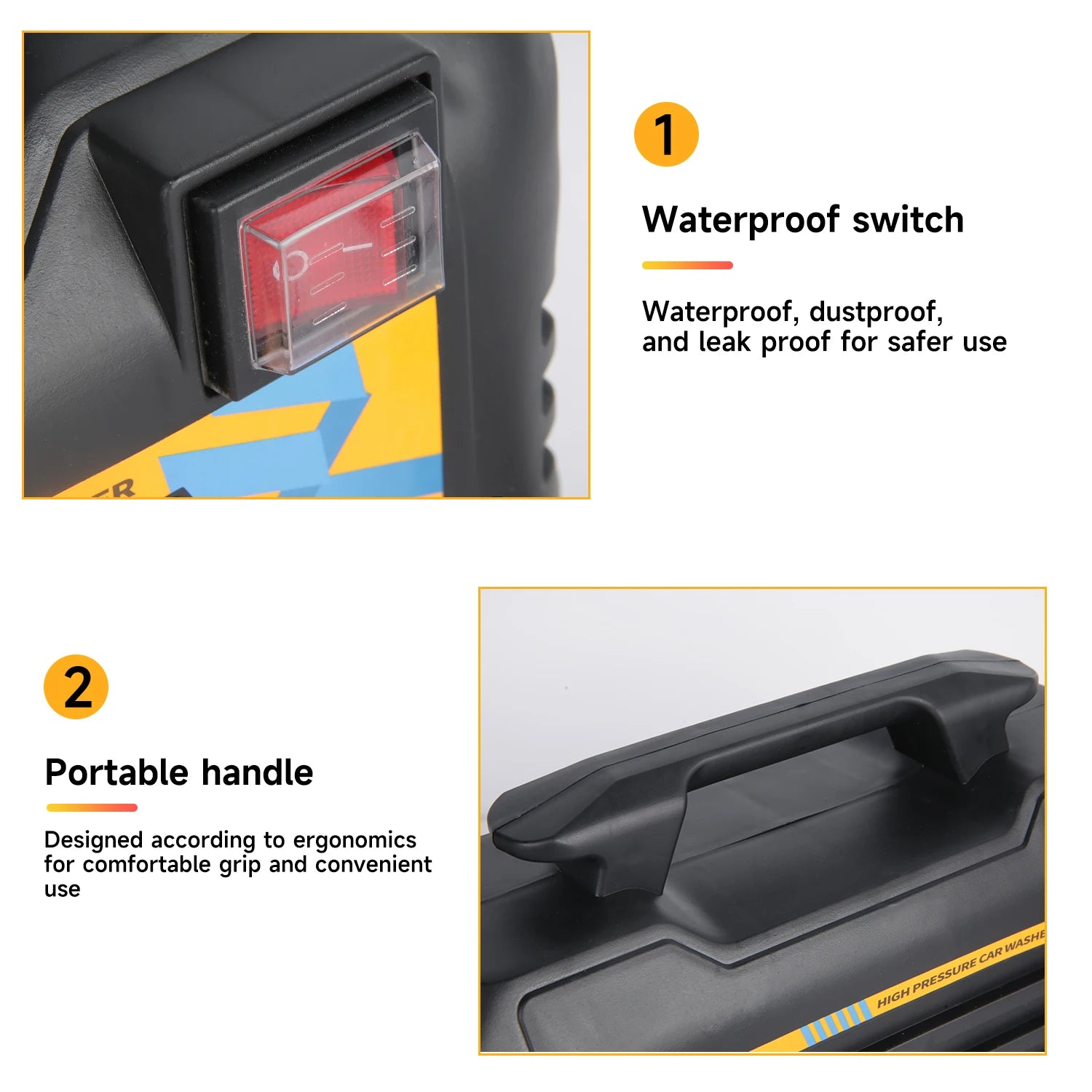 Zwarte hoogdruk auto-wasser met gele accenten, inclusief blauwe slang en diverse accessoires, klaar voor gebruik bij het wassen van auto’s. Geschikt v