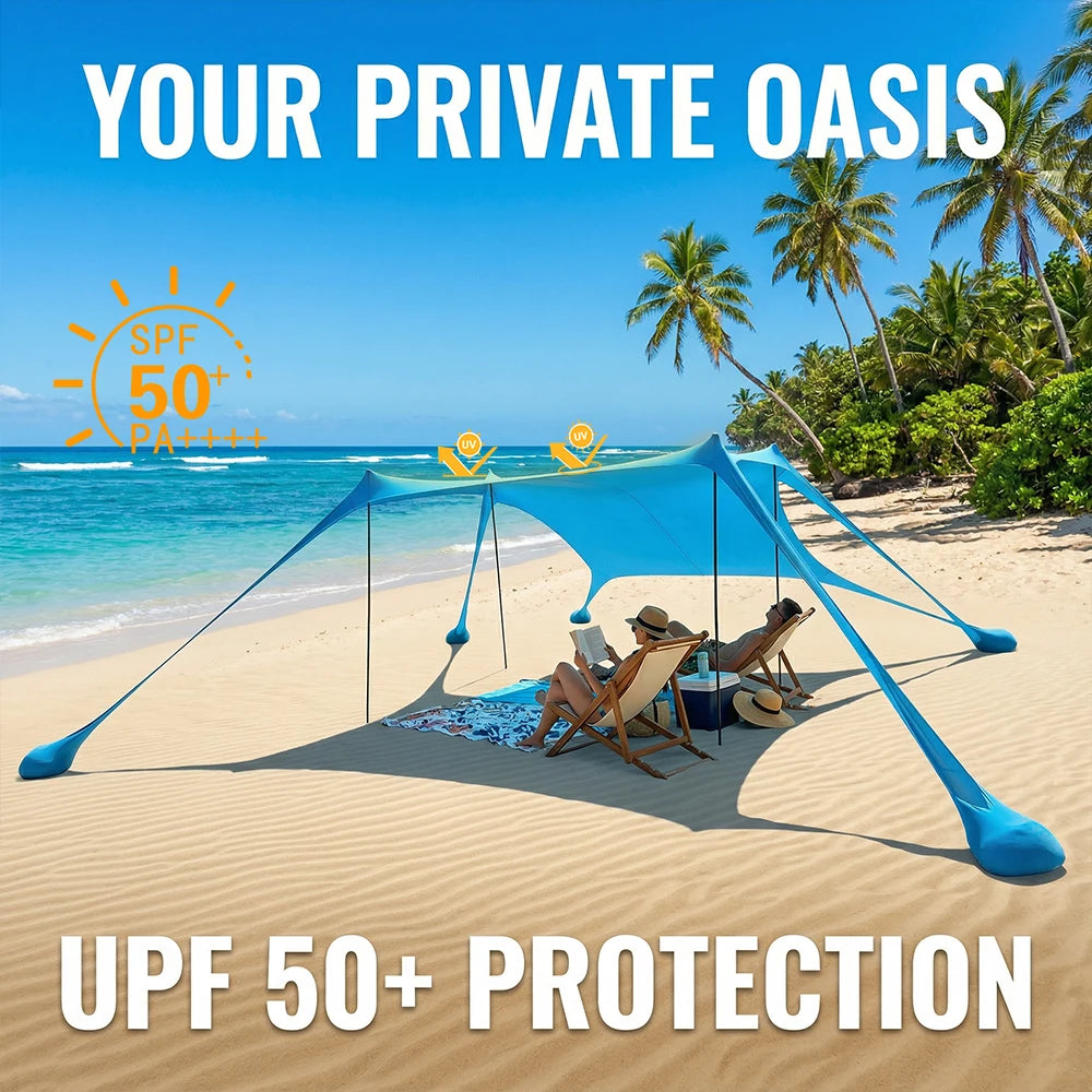 Blauwe strandparasol met opvouwbare stokken biedt schaduw aan vier mensen op een kleurrijke dekzeil, voorzien van een koelbox en strandaccessoires, pe