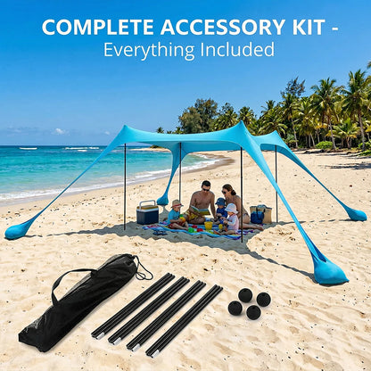 Blauwe zonnescherm tent op het strand, met vier personen die genieten van de zon. Grote, waterdichte tent met zichtbare zitplaatsen en accessoires voo