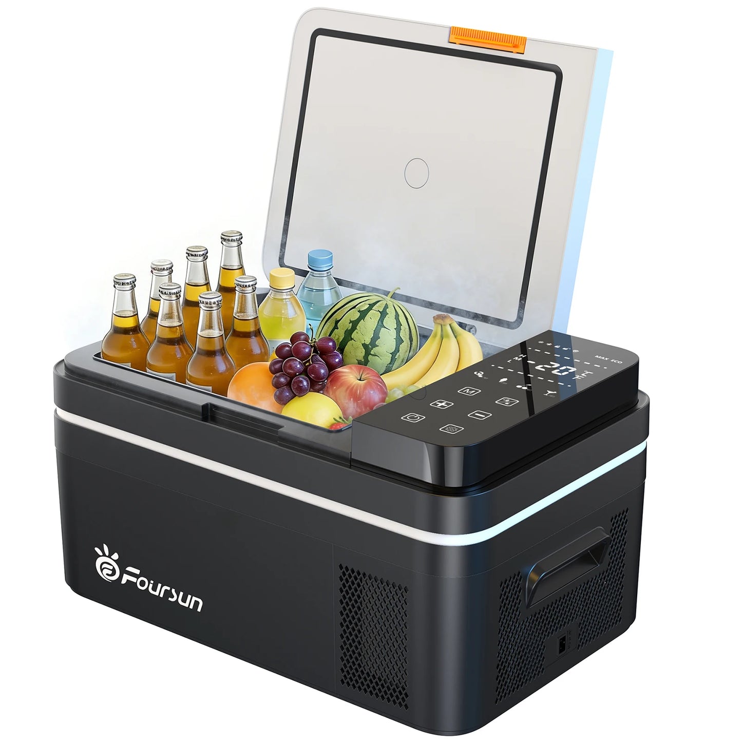 Een zwarte, draagbare koelbox met digitale display en touchscreen, gevuld met drankjes en fruit, geschikt voor kampeer- en picknicktoepassingen. - Fot