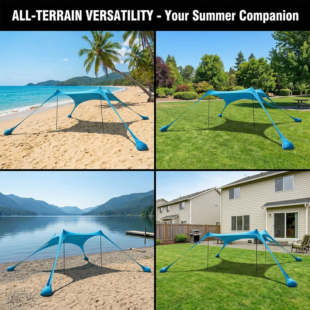 Blauwe zonnescherm tent op het strand, met vier personen die genieten van de zon. Grote, lichtblauwe tent biedt schaduw voor strandfeesten en zonbesch
