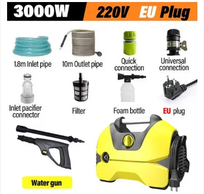 Zwarte hoogdruk auto-wasser met geïntegreerde slang en diverse accessoires, inclusief een groene dop en een transparante fles, klaar voor gebruik bij 