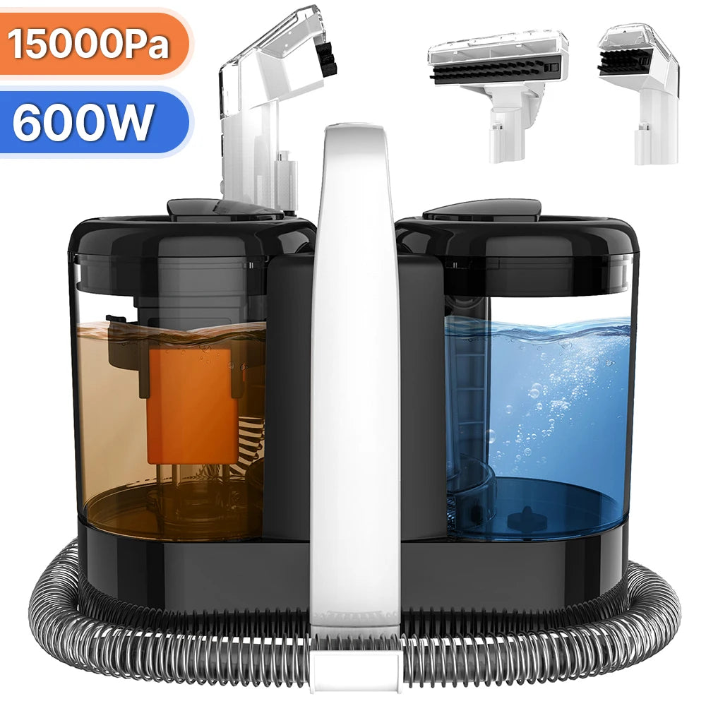 Een witte, draagbare stofzuiger met zwarte accenten en een transparante waterbak, uitgerust met verschillende borstels voor efficiënte vloer- en tapij