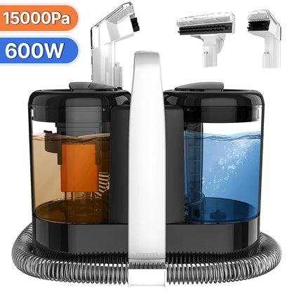 Een witte, draagbare stofzuiger met zwarte accenten en een transparante waterbak, uitgerust met verschillende borstels voor efficiënte vloer- en tapij