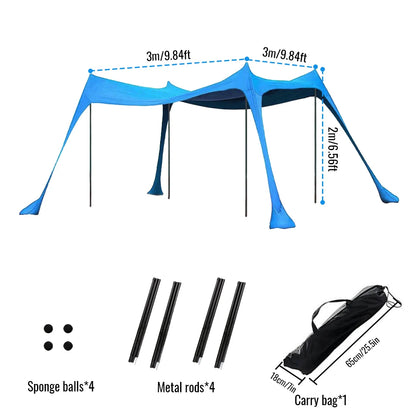 Blauwe zonnescherm tent op het strand, met vier personen die genieten van de zon. Grote, waterdichte tent biedt schaduw voor strand- en zomervakantie.
