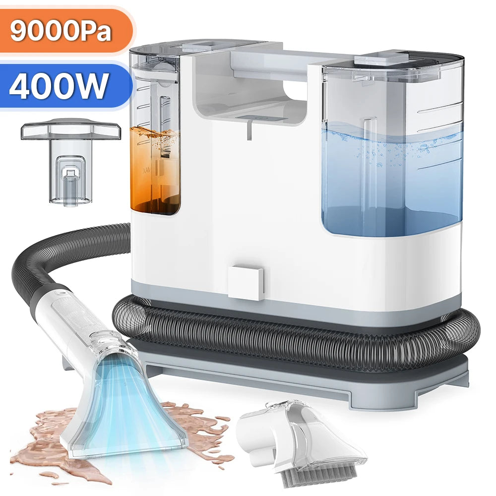 Een witte, draagbare stofzuiger met zwarte accenten en een transparante waterbak, uitgerust met verschillende borstels voor efficiënte vloer- en tapij