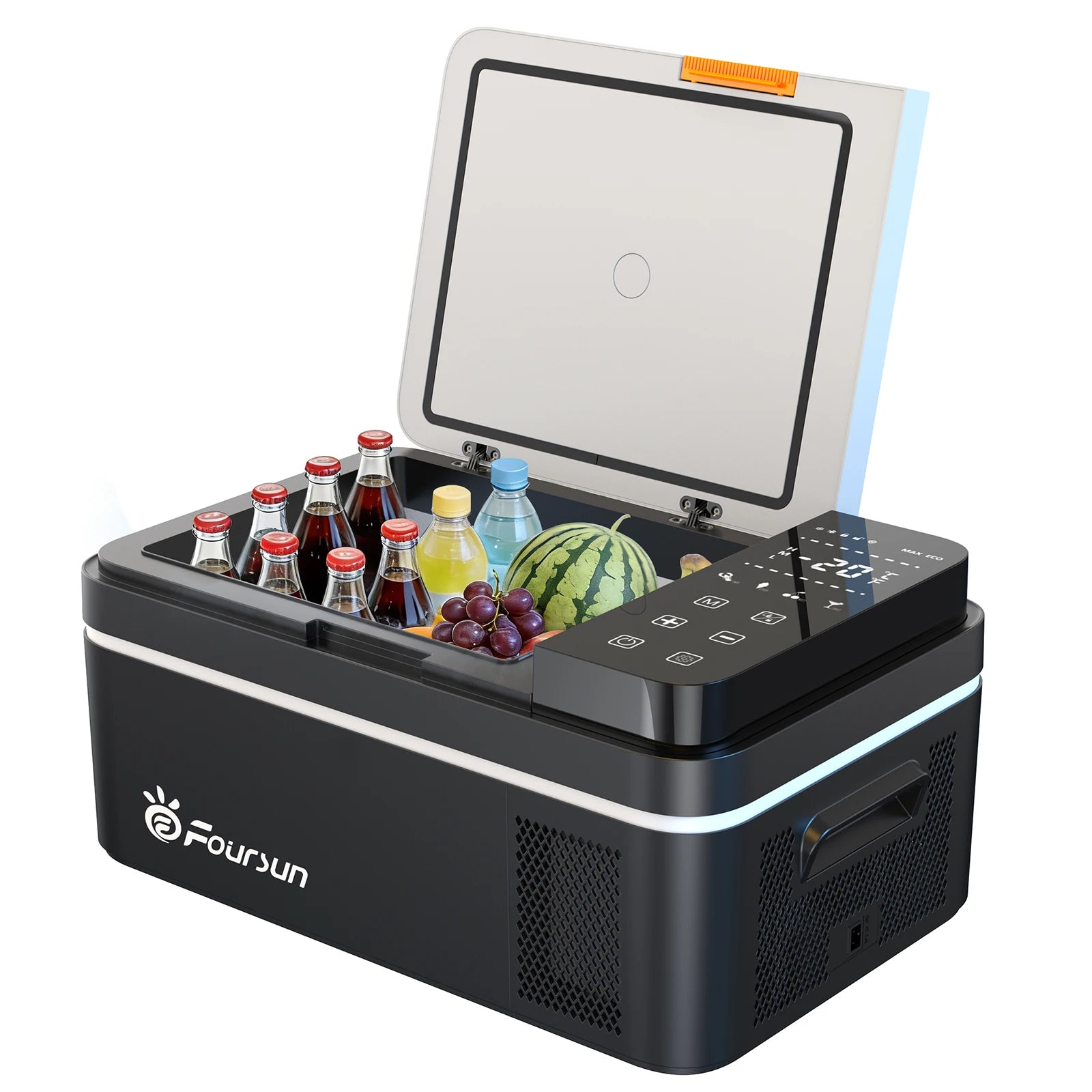 Een zwarte, draagbare koelbox met digitale display en touchscreen, gevuld met frisdrankflessen, een watermeloen en druiven, geschikt voor kampeer- en 