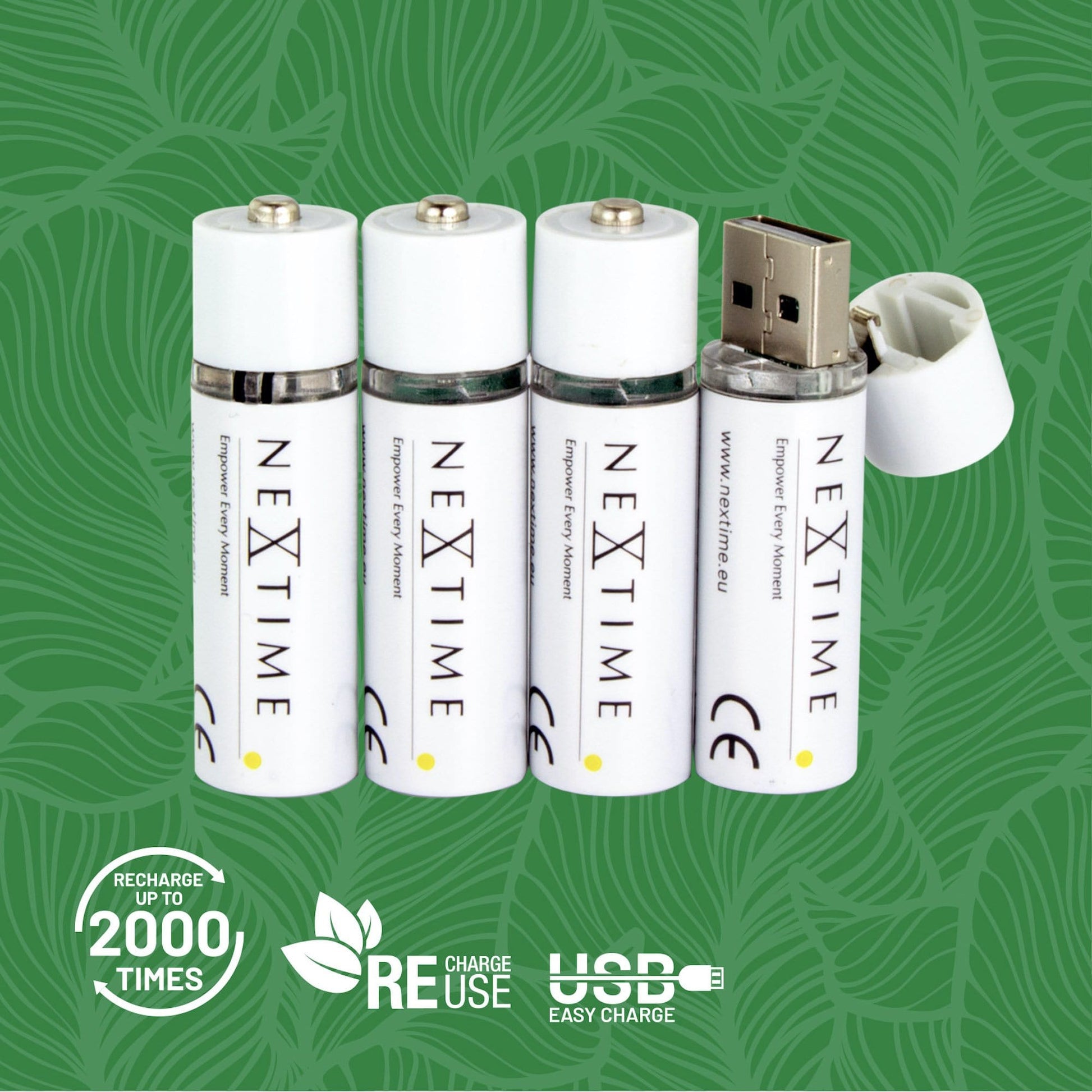 NexTime USB-oplader in witte batterijvorm, met zichtbare USB-poort en zilveren details. Geschikt voor draadloze oplading van mobiele apparaten en slimme gadgets.