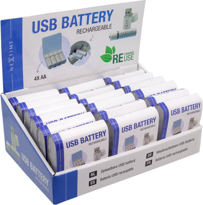 NexTime oplaadbare USB-batterijen in blauw-wit verpakking, geschikt voor draadloze apparaten. Zichtbaar opladen via USB, duurzaam en geschikt voor reisgebruik.