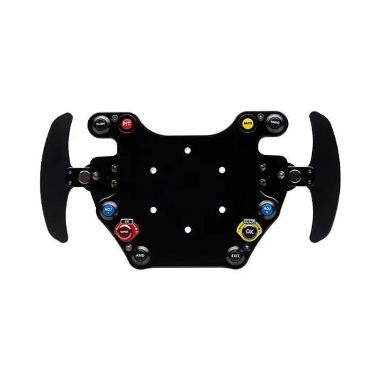 Zwart racestuur met kleurrijke knoppen voor simulatiespel. Geschikt voor racegames en virtuele rally-ervaringen.