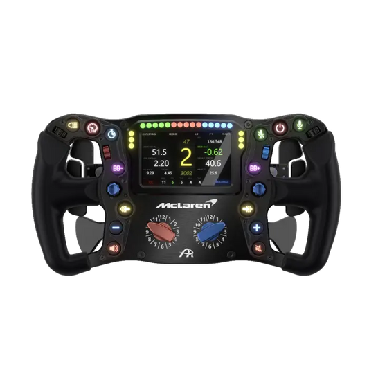 McLaren racestuurwiel met kleurrijke digitale display, rood en blauw draaiknoppen, en diverse knoppen voor racebesturing. Geschikt voor F1-simulaties en racegame-ervaringen.