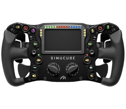 Simucube racestuur met zwart kunststof, kleurrijke LED-indicatoren en draaiknoppen voor simulatie. Geschikt voor racegame-controllers en professionele race-simulaties.