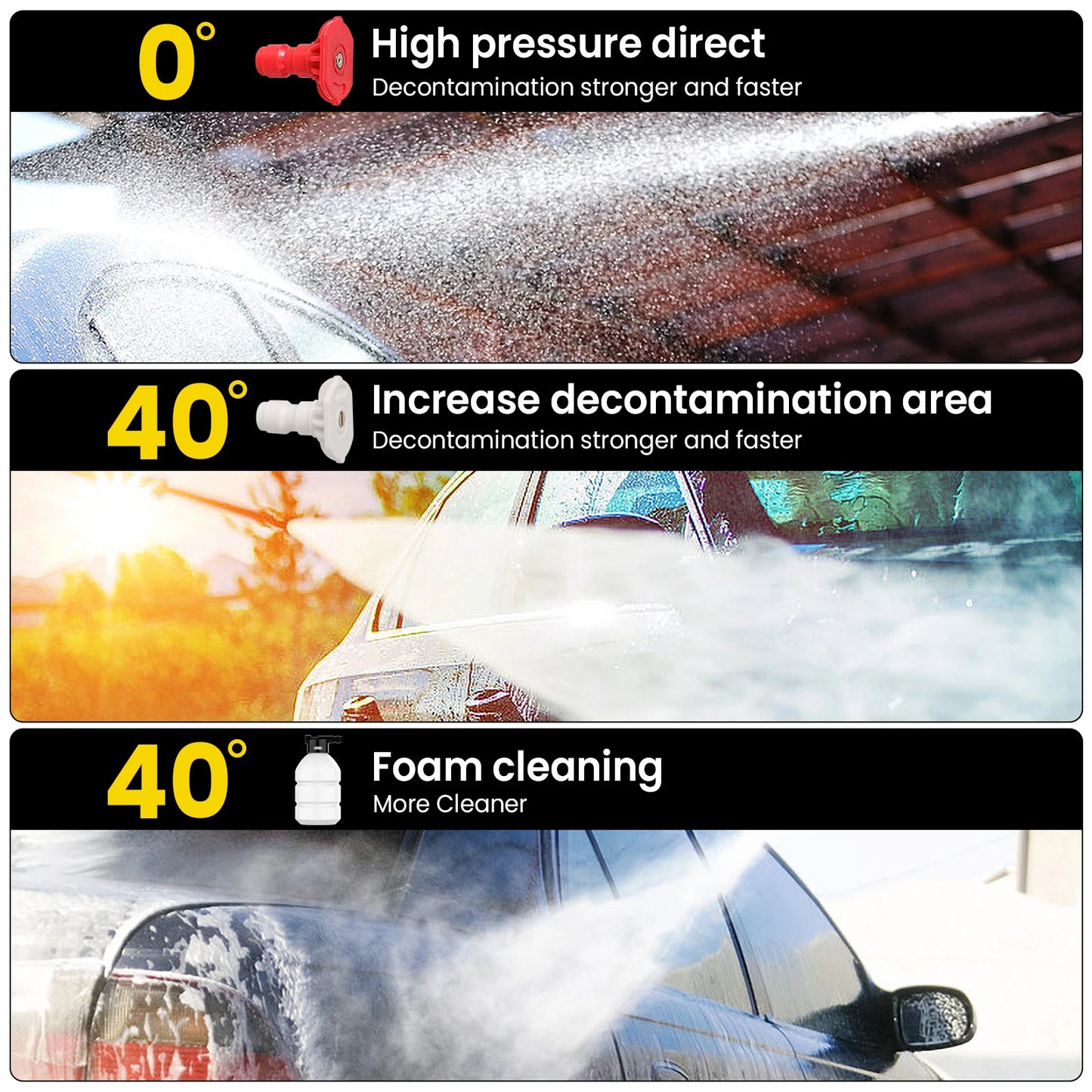 Een zwarte, draadloze waterstraler met 24V lithiumbatterijen, zichtbare slang, emmer en diverse accessoires voor efficiënte carwash of tuinreiniging. 