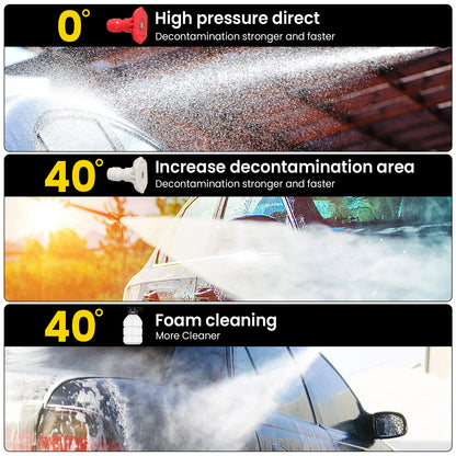 Een zwarte, draadloze waterstraler met 24V lithiumbatterijen, zichtbare slang, emmer en diverse accessoires voor efficiënte carwash of tuinreiniging. 