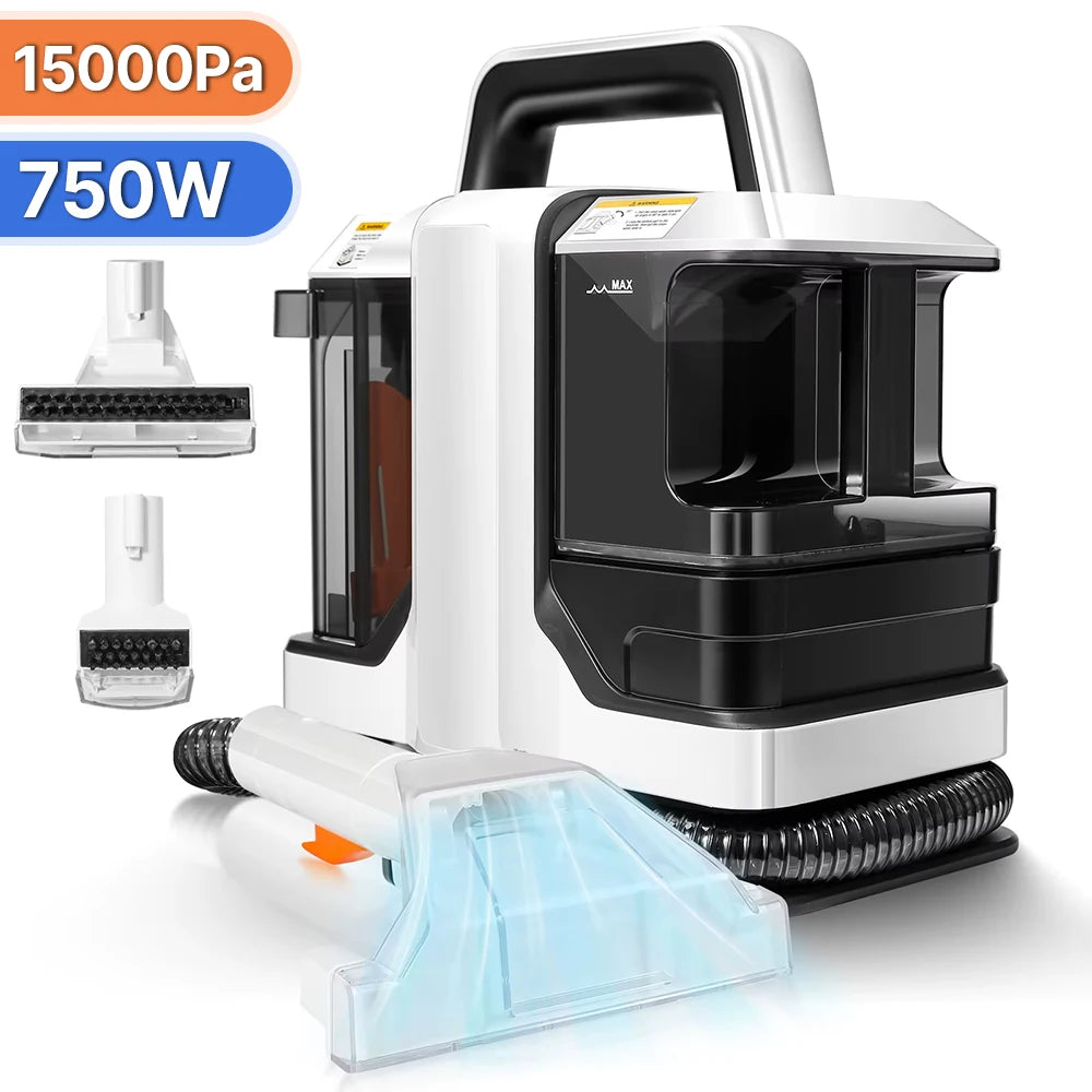 Een witte, draagbare stofzuiger met zwarte accenten en een transparante waterbak, uitgerust met verschillende borstels voor efficiënte vloer- en tapij