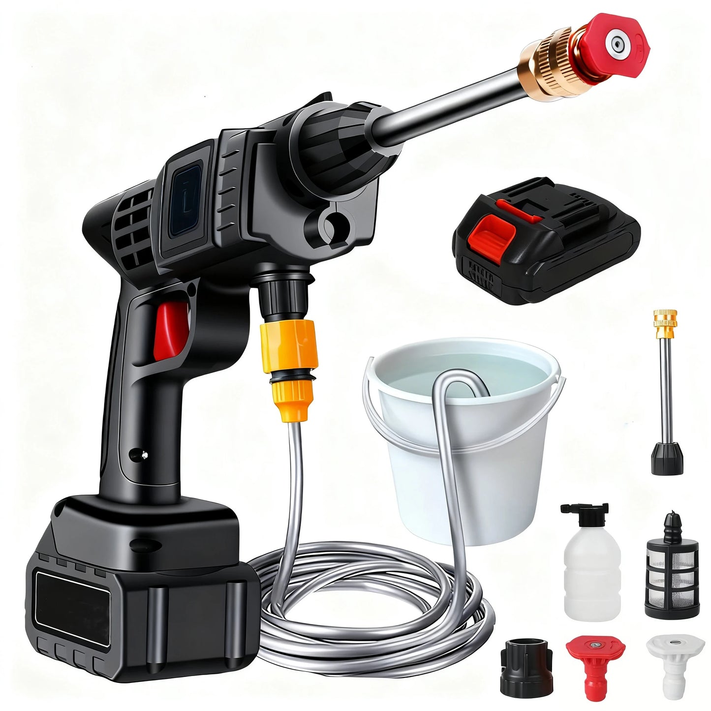 Een zwarte, draadloze waterstraler met 24V lithiumbatterijen, zichtbare slang, emmer en diverse accessoires voor efficiënte carwash of tuinreiniging. 