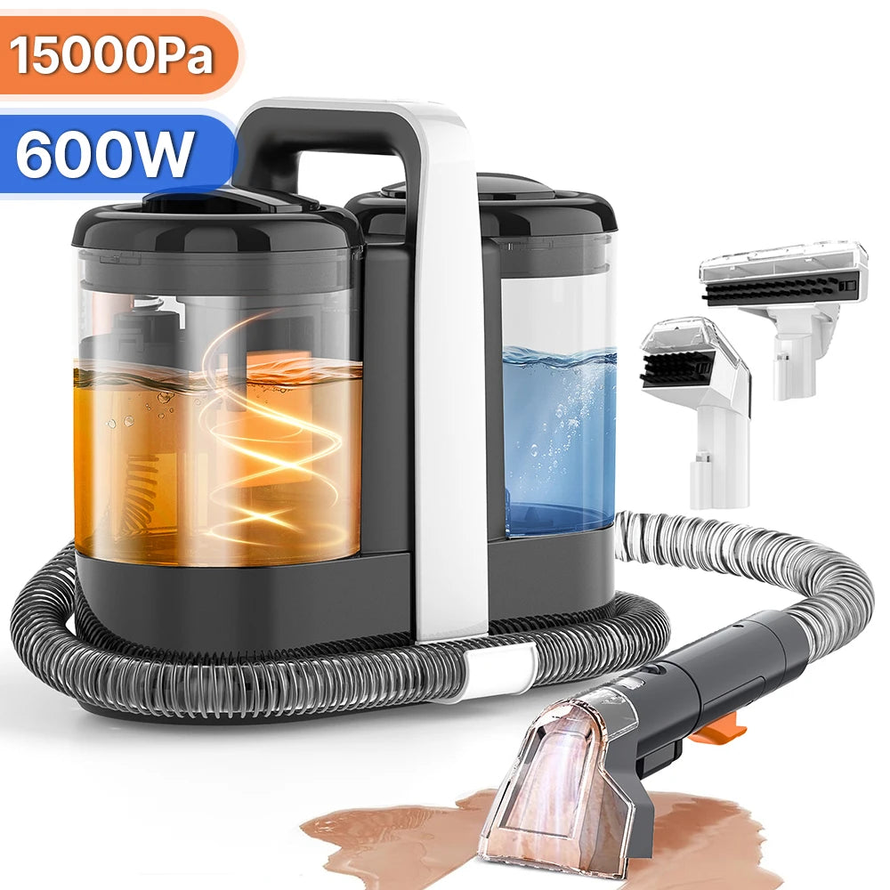 Een witte, draagbare stofzuiger met zwarte accenten en een transparante waterbak, uitgerust met verschillende borstels voor efficiënte vloer- en tapij