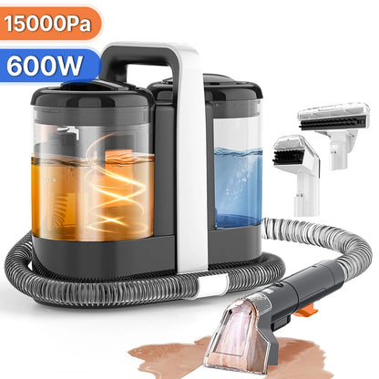 Een witte, draagbare stofzuiger met zwarte accenten en een transparante waterbak, uitgerust met verschillende borstels voor efficiënte vloer- en tapij