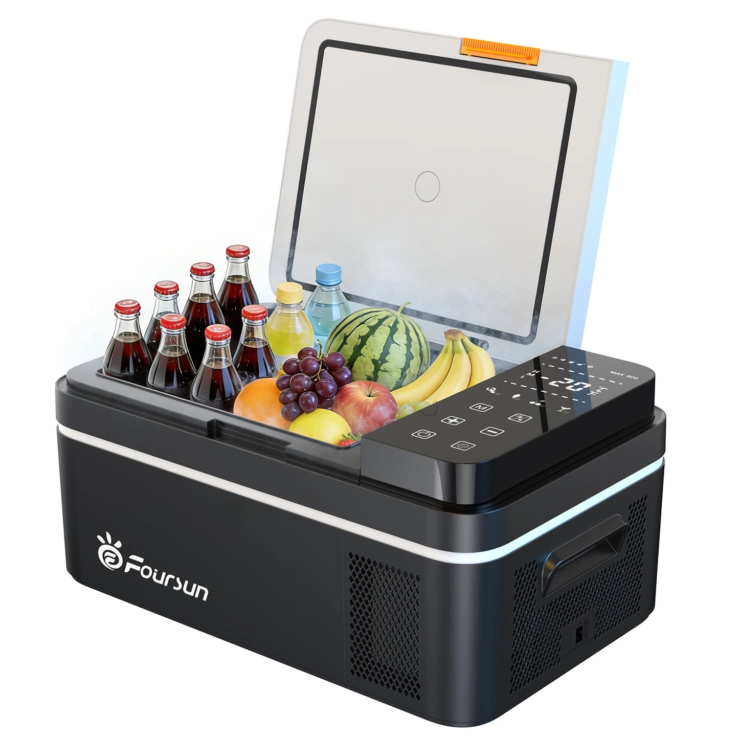 Een zwarte, draagbare koelbox met digitale display en touchscreen, gevuld met frisdrankflessen, een watermeloen en druiven, ideaal voor kampeer- en pi