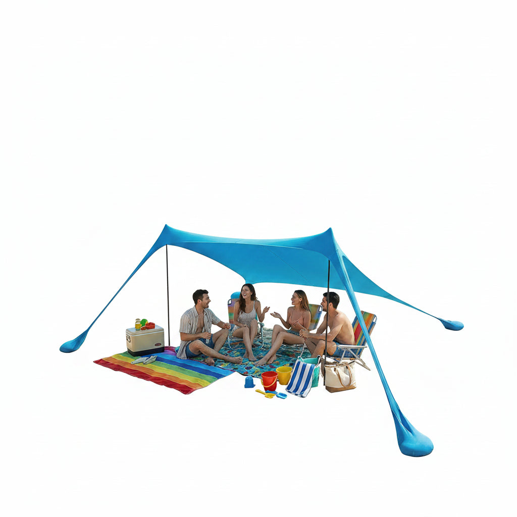 Blauwe zonnescherm tent op het strand, met vier personen die ontspannen op kleurrijke strandmat. Ideaal voor zonbescherming tijdens strand- en picknic