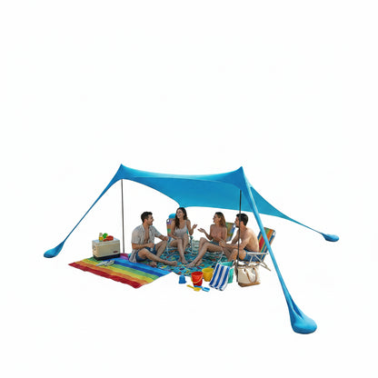 Blauwe zonnescherm tent op het strand, met vier personen die ontspannen op kleurrijke strandmat. Ideaal voor zonbescherming tijdens strand- en picknic
