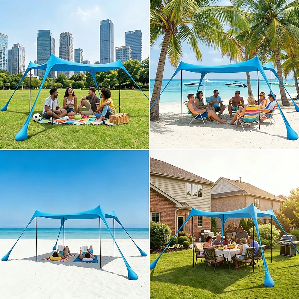 Blauwe zonnescherm tent op het strand, met vier personen die ontspannen op kleurrijke dekens. Ideaal voor zonbescherming tijdens strand- en picknickac
