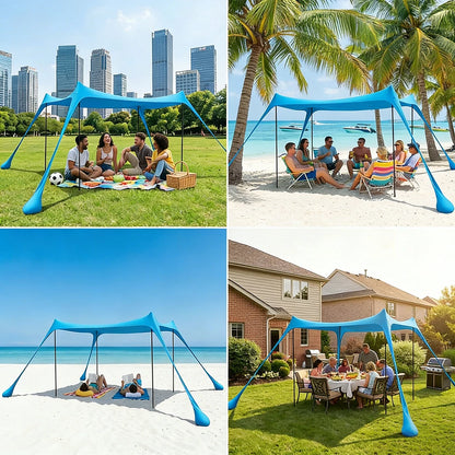 Blauwe zonneschaduw tent op het strand, met vier personen die genieten van zon en zee. Ideaal voor zonnige dagjes uit en strandfeestjes met familie en