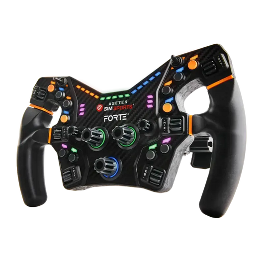 Een zwarte Asetek Sim Sports Forte racestuur met kleurrijke LED-verlichting, carbonvezel details en meerdere knoppen voor racegames. Geschikt voor realistische simulaties en professionele racegame-ervaring.