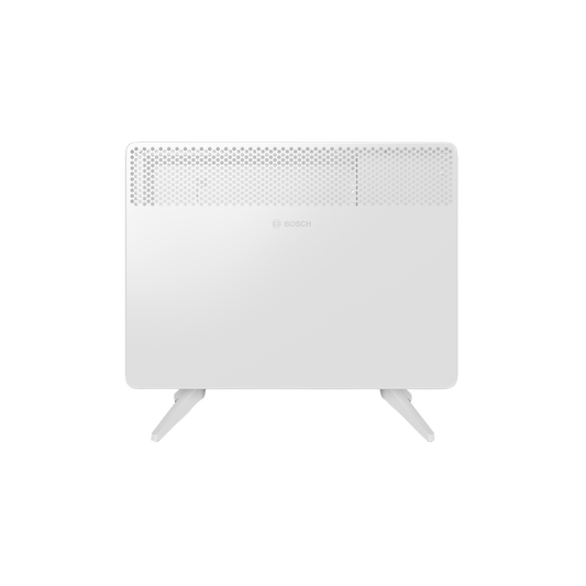 De witte Bosch wandverwarming met glanzend oppervlak en gatenpatroon bovenaan. Geschikt voor moderne interieurs en energiezuinige verwarming in woon- en kantoorruimtes.