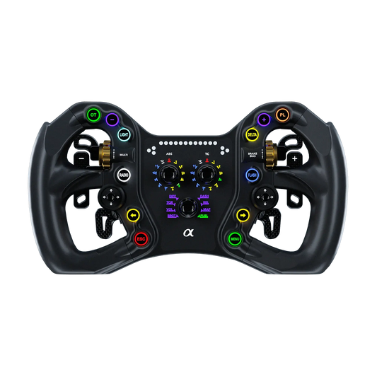 Zwart racestuur met kleurrijke LED-knoppen en goudkleurige schuifregelaars, speciaal ontworpen voor race- en rallysimulaties. Geavanceerd stuur met multifunctionele knoppen voor optimale prestaties in virtuele races.