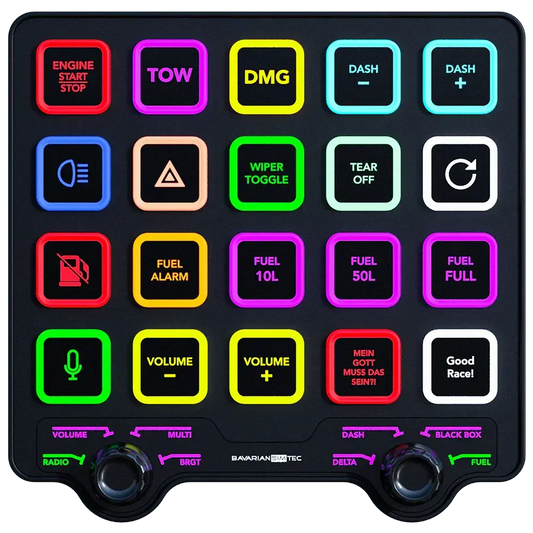 Een zwarte, glanzende racecontroller met kleurrijke knoppen voor gaming en simulaties. Knoppen met labels zoals ‘ENGINE START’ en ‘FUEL FULL’ en twee draaiknoppen voor volume en radio.