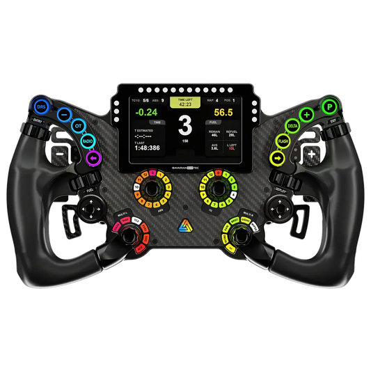 Een professionele racestuur met kleurrijke knoppen en digitale display, gemaakt van zwart carbonvezel, speciaal ontworpen voor Formule 1 simulaties en racegame-ervaringen.