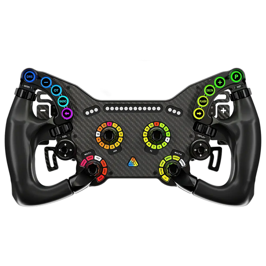 Een professionele racestuur met carbonvezel, kleurrijke knoppen en draaiknoppen voor formule 1 simulatie. Geschikt voor racegame-enthusiasten en professionele simulaties.
