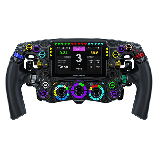 Zwart racestuur met kleurrijke knoppen en digitale display, speciaal ontworpen voor Formule 1 simulaties. Geavanceerd stuur met tactiele feedback en realistische dashboardweergave voor racegame-enthusiasten.
