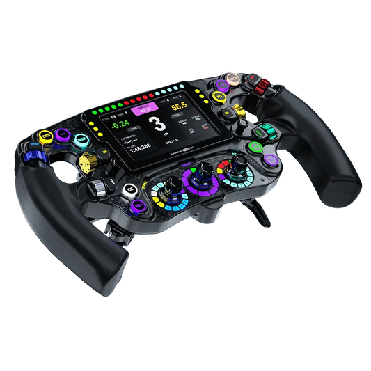 Een professionele racestuurwiel met kleurrijke knoppen en digitale display, ontworpen voor realistische Formule 1 simulaties. Zwart met glanzende accenten, perfect voor racegame-enthusiasten.