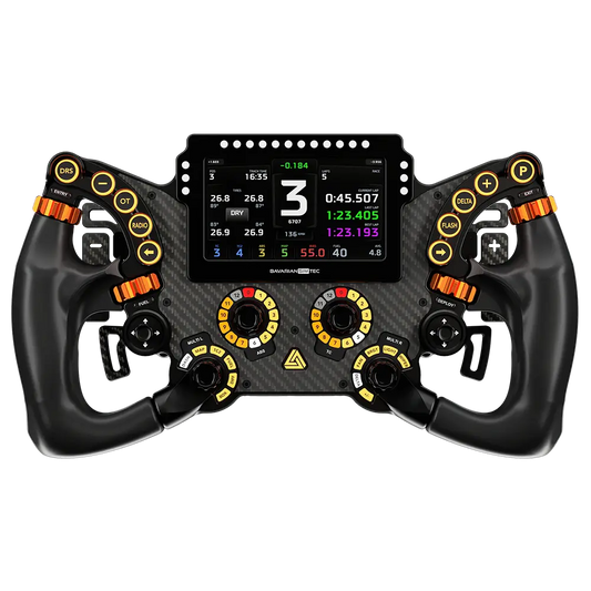 Een zwart racestuur met oranje accenten en een digitale display, uitgerust met meerdere knoppen en draaiknoppen voor formule 1 simulatie. Geschikt voor F1-race simulatoren en professionele racegame-ervaring.