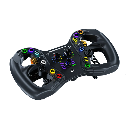 Zwart racestuur met kleurrijke LED-knoppen en goudkleurige schuifregelaars, speciaal ontworpen voor race- en simulatiespellen. Geavanceerd stuur met multifunctionele knoppen voor optimale prestaties in virtuele raceomgevingen.